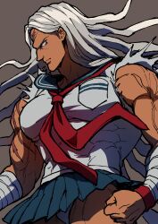 1girl bandaged_arm bandages breasts clenched_hand danganronpa:_trigger_happy_havoc danganronpa_(series) dark-skinned_female dark_skin from_side grey_hair highres large_breasts long_hair muscular muscular_female neckerchief ogami_sakura panties red_neckerchief scar school_uniform serafuku skirt solo underwear white_panties youko-shima