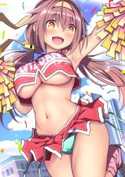 1girl absurdres alternate_costume arm_up blue_panties blue_shoes blue_sky blush breasts brown_hair building cheerleader clothes_writing cloud crop_top crop_top_overhang day hairband highres kantai_collection kuromayu large_breasts long_hair low_twintails midriff miniskirt open_mouth panties pink_socks pom_pom_(cheerleading) red_skirt shiratsuyu_(kancolle) shiratsuyu_kai_ni_(kancolle) shoes skirt sky sleeveless sneakers socks solo sweat twintails underboob underwear whistle whistle_around_neck