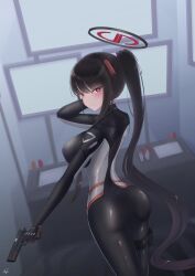 1girl absurdres agus0970492210 ass back black_hair blue_archive blush bodysuit breasts commentary_request gun halo handgun highres holding holding_gun holding_weapon large_breasts long_hair looking_at_viewer monitor ponytail red_eyes ringed_eyes rio_(blue_archive) rio_(bodysuit)_(blue_archive) smile solo variant_set very_long_hair weapon