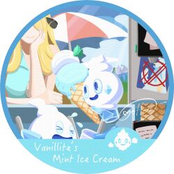1girl :d beartic blonde_hair border cccacademia closed_mouth collared_shirt commentary creatures_(company) cynthia_(pokemon) day evolutionary_line flying_sweatdrops food game_freak gen_5_pokemon hair_ornament head_rest highres holding ice_cream ice_cream_cone long_hair nintendo open_mouth pokemon pokemon_(anime) pokemon_(creature) pokemon_bw_(anime) shirt signature sleeveless sleeveless_shirt smile transparent_border umbrella vanillish vanillite vanilluxe