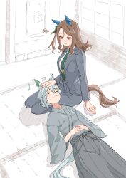 2girls absurdres animal_ears aqua_hair blush breasts brown_hair closed_eyes closed_mouth ear_covers eighth_note green_necktie grey_hakama grey_jacket grey_kimono grey_pants hakama headpat hidaka_kouyou highres horse_ears jacket japanese_clothes kimono king_halo_(umamusume) lap_pillow long_hair long_sleeves lying motion_lines multiple_girls musical_note necktie on_back open_clothes open_jacket open_mouth pants red_eyes seiun_sky_(umamusume) seiza shadow short_hair single_ear_cover sitting small_breasts smile squiggle umamusume umayuru wide_sleeves yuri