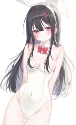 1girl animal_ears black_hair blush bow bowtie breasts cleavage commentary detached_collar fake_animal_ears hairband highres leotard long_hair medium_breasts original playboy_bunny rabbit_ears red_bow red_bowtie red_eyes riri_(ri0177) simple_background solo sweatdrop symbol-only_commentary white_background white_hairband white_leotard