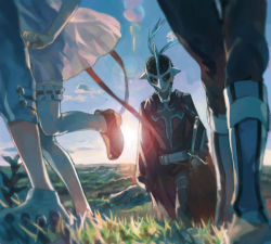1girl 3boys blurry boots cape depth_of_field drawr grass judas_(tales) kyle_dunamis lens_flare loni_dunamis mask multiple_boys nature nishihara_isao out_of_frame outdoors pants reala_(tales) scenery see-through_silhouette short_hair sun sword tales_of_(series) tales_of_destiny tales_of_destiny_2 thighhighs weapon wind wind_lift