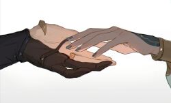 1boy 1girl absurdres aji_11300913 alhaitham_(genshin_impact) black_gloves blue_nails bracelet close-up genshin_impact gloves highres holding_hands jewelry nilou_(genshin_impact) ring simple_background white_background