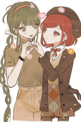 2girls alternate_costume bare_arms belt belt_buckle beret black_belt black_cat black_hat black_pantyhose blush_stickers bow bowtie brown_shirt brown_skirt buckle buttons cat chabashira_tenko coat collared_shirt commentary cowboy_shot danganronpa_(series) danganronpa_v3:_killing_harmony denim dress_shirt eyelashes flower gg_(dddcoco) green_eyes green_hair hair_bow hair_flower hair_ornament hairband hairclip hat heart heart_hands heart_hands_duo high_collar highres jeans layered_sleeves lolita_fashion long_hair long_sleeves low_twintails miniskirt mole mole_under_mouth multiple_girls o3o open_belt open_clothes open_coat open_mouth pants pantyhose pink_flower plaid_clothes plaid_skirt pocket red_bow red_bowtie red_eyes red_hair red_hairband shirt short_hair simple_background skirt smile sparkle turtleneck turtleneck_shirt twintails v-neck very_long_hair vest white_background white_bow white_shirt wristband yellow_belt yellow_flower yellow_pants yellow_vest yumeno_himiko yuri