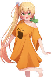 Rule 34 | 1girl, alternate costume, barefoot, blonde hair, character print, collarbone, commentary request, crossed bangs, fang, gradient hair, green eyes, hair ornament, highres, hololive, long hair, looking at viewer, momosuzu nene, multicolored hair, nekko (momosuzu nene), official alternate hairstyle, open mouth, orange shirt, oversized clothes, oversized shirt, pink hair, pom pom (clothes), pom pom hair ornament, print shirt, shirt, shoulder blush, sidelocks, simple background, single off shoulder, skin fang, smile, solo, standing, standing on one leg, suicabar72, very long hair, virtual youtuber, watermark, white background