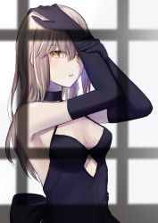 1girl absurdres arms_up artoria_pendragon_(fate) bare_shoulders black_gloves blonde_hair breasts cleavage dress elbow_gloves fate/grand_order fate_(series) from_side gloves highres long_hair looking_at_viewer open_mouth saber_alter saber_alter_(final_ascension) shadow sii_artatm skirt solo upper_body window yellow_eyes