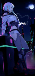 Rule 34 | 1girl, absurdres, artificial eye, asymmetrical hair, bare shoulders, black leotard, blunt bangs, breasts, cigarette, cropped jacket, cropped legs, cyberpunk, cyberpunk (series), cyberpunk edgerunners, cyborg, eyeliner, girugiru (tektonics6588), heattech leotard, highres, jacket, leotard, lucy (cyberpunk), makeup, medium breasts, mohawk, monowire, moon, multicolored eyes, multicolored hair, off-shoulder jacket, off shoulder, on moon, pink tattoo, red eyeliner, red lips, samurai jacket (cyberpunk), shorts, sleeveless turtleneck leotard, solo, string in mouth, turtleneck, white background, white jacket, white shorts
