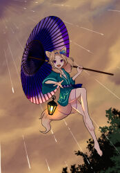 1girl absurdres animal_ears barefoot blonde_hair dutch_angle feet flat_chest floating flower forehead fox_ears fox_girl fox_tail full_body green_kimono hair_flower hair_ornament highres holding holding_umbrella japanese_clothes kaisouou_konbu kimono looking_at_viewer masumida_yunagi medium_hair oil-paper_umbrella original purple_eyes purple_umbrella rain smile solo tail the_garden_of_sinners_(touhou) thighs toes touhou umbrella wide_sleeves
