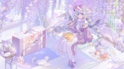 1girl animal animal_on_lap artist_logo artist_name basket bed bird blue_eyes cake cat cat_on_lap commission cup dress feathered_wings flower flower_basket food frills grey_hair hat head_wings highres holding holding_umbrella large_hat logo long_hair long_sleeves looking_at_viewer multi-tied_hair on_bed on_lap orange_cat original parasol pillow plate puffy_sleeves purple_hat purple_shoes shoes sitting socks solo suitcase twintails umbrella umehara_sei watermark white_bird white_cat white_dress white_socks wide_brim wings wisteria