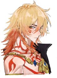 Rule 34 | 1boy, arm tattoo, bare pectorals, black coat, blonde hair, braid, chest tattoo, coat, commentary request, facial tattoo, gold necklace, gradient hair, hair between eyes, highres, honkai: star rail, honkai (series), jewelry, looking at viewer, male focus, medium hair, multicolored hair, mydei (honkai: star rail), necklace, open clothes, open coat, pectorals, red hair, red tattoo, side braid, sideways glance, simple background, solo, tara 1 2n, tattoo, white background, yellow eyes