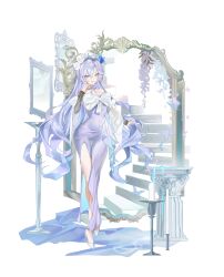 1girl absurdres alternate_costume bare_shoulders blue_flower bow bug butterfly cantarella_(wuthering_waves) commentary_request covered_navel dress facial_mark flower full_body hair_between_eyes hair_flower hair_ornament hand_up headdress high_heels highres insect jewelry korean_commentary long_hair mark_under_eye necklace purple_butterfly purple_dress purple_hair rael_(arca_12963745) shoes smile solo stairs very_long_hair white_bow white_shoes wuthering_waves