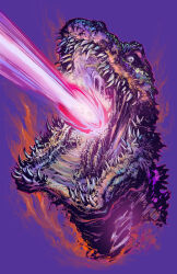 atomic_breath aura breath_weapon energy energy_beam giant giant_monster glowing godzilla godzilla_(series) highres jeff_zornow kaiju monster mouth_beam no_humans open_mouth plasma plasma_beam purple_background sharp_teeth shin_godzilla simple_background spikes teeth toho