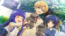 Rule 34 | 1boy, 2girls, artist request, blonde hair, blue coat, blue eyes, blue hair, blunt bangs, brown jacket, clannad, closed eyes, coat, crossover, doguu, emblem, furude rika, game cg, hair ribbon, highres, higurashi no naku koro ni, higurashi no naku koro ni mei, hikarizaka private high school uniform, holding, jacket, long hair, long sleeves, multiple girls, necktie, non-web source, official art, open mouth, otudoors, red eyes, red necktie, ribbon, school uniform, shirt, smile, sparkle, sunohara mei, sunohara youhei, sweatdrop, tree, twintails, white shirt, yellow ribbon