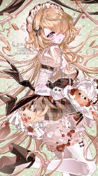 1girl absurdres apron black_bow blonde_hair bow breasts dress drowsyww food frilled_dress frills hair_over_one_eye high_heels highres holding long_hair long_sleeves looking_at_viewer maid_headdress open_mouth original puffy_sleeves solo stuffed_animal stuffed_toy teddy_bear thighhighs very_long_hair