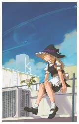 1girl absurdres apron black_hat black_shoes black_skirt black_vest blonde_hair border braid hat highres kirisame_marisa kto_znaet on_rooftop outdoors plant potted_plant shirt shoes short_sleeves side_braid sitting skirt socks solo touhou vest waist_apron white_apron white_border white_shirt white_socks witch_hat yellow_eyes