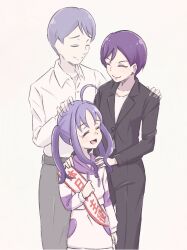 Rule 34 | 1boy, 2girls, absurdres, ahoge, birthday, black suit, business suit, closed eyes, earrings, family, formal clothes, ghost, happy birthday, highres, jewelry, kimi to idol precure, lipstick, long sidelocks, makeup, miyao385, multiple girls, precure, purple hair, sash, shigure ai, shigure kokoro, shigure shinji, shirt, sidelocks, standing, stud earrings, suit, twintails, white shirt