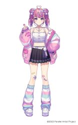 Rule 34 | 1girl, 2023, :3, absurdres, ahoge, amagasaki ame, bandaid, bandaid on leg, belt, black skirt, blue leg warmers, blush, bow, candy, closed mouth, copyright notice, crop top, double bun, food, full body, gradient hair, hair bow, hair bun, hair ornament, heart, heart-shaped bandaid, heart ahoge, heart hair ornament, heart necklace, highres, holding, holding candy, holding food, holding lollipop, jacket, jewelry, leg warmers, lollipop, lollipop hair ornament, lq saku, multicolored hair, multicolored leg warmers, navel, necklace, official art, open clothes, open jacket, parallel artist project, pink hair, pink jacket, pink leg warmers, pleated skirt, pocket, pom pom (clothes), purple eyes, purple hair, shirt, shoes, simple background, skirt, sleeves past wrists, solo, standing, streaked hair, striped leg warmers, twintails, virtual youtuber, white background, white belt, white bow, white leg warmers, white shirt, white shoes, zipper pull tab