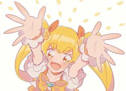 1girl arms_up blonde_hair bow bowtie brooch choker collarbone commentary_request cowboy_shot cropped_shirt cure_sunshine dot_nose eyelashes flower flower_skirt frilled_sleeves frilled_wrist_cuffs frills from_above green_brooch hair_bow hair_flower hair_ornament happy heart heart_brooch heartcatch_precure! jewelry light_blush long_hair magical_girl miniskirt myoudouin_itsuki nachuchoco notice_lines open_mouth orange_bow orange_choker orange_eyes orange_skirt orange_wrist_cuffs precure puffy_short_sleeves puffy_sleeves shirt short_sleeves simple_background skirt smile solo tareme twintails very_long_hair white_background white_shirt wide-eyed wrist_cuffs yellow_bow yellow_bowtie yellow_flower