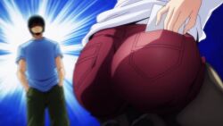 Rule 34 | 1boy, 1girl, animated, anime screenshot, ass, ass focus, black hair, black pantyhose, blue shirt, denim, denim shorts, grand blue, highres, huge ass, kitahara iori, kotegawa chisa, pantyhose, shirt, shorts, sound, tagme, thighs, video, white shirt