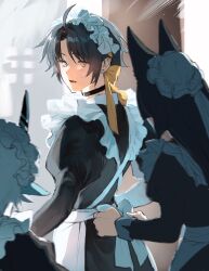1boy 2girls ahoge alternate_costume animal_ears apron asaba_harumasa black_choker black_dress black_hair blue_horns blue_oni blue_skin blunt_bangs blurry blush choker colored_skin crossdressing depth_of_field dress dressing_another ear_piercing earrings enmaided fang fox_ears fox_girl frilled_apron frills hhhye_tw highres horns hoshimi_miyabi jewelry juliet_sleeves long_hair long_sleeves looking_back maid maid_apron maid_day maid_headdress male_maid multicolored_horns multiple_girls oni parted_bangs piercing puffy_sleeves ribbon skin-covered_horns soukaku_(zenless_zone_zero) sweat two-tone_horns white_apron white_hair wrist_cuffs yellow_eyes yellow_ribbon zenless_zone_zero