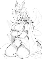 1girl body_fur braid cape character_request claws coat crossed_arms dragon_girl feathered_wings furry furry_female genderswap genderswap_(mtf) goggles goggles_on_head greyscale highres holding holding_ladle hufy ladle legendz monochrome multiple_wings pelvic_curtain shoulder_pads simple_background tail white_background wings