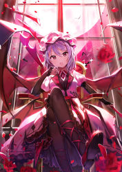 Rule 34 | 1girl, :o, bat (animal), bat wings, black legwear, brooch, chair, cross-laced footwear, crossed legs, dr poapo, dress, female focus, fishnets, flower, hat, highres, holding, holding weapon, indoors, jewelry, koumajou densetsu, koumajou densetsu 2, light purple hair, looking at viewer, mob cap, moon, petals, puffy short sleeves, puffy sleeves, red eyes, red flower, red moon, red rose, red shoes, red theme, remilia scarlet, rose, rose petals, shoes, short sleeves, sitting, solo, sparkle, spear the gungnir, touhou, weapon, window, wings