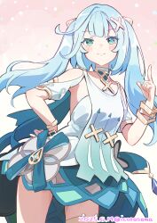 Rule 34 | 1girl, absurdres, aqua eyes, aqua hair, armpit cutout, bare shoulders, bracelet, clothing cutout, cowboy shot, dress, faruzan (genshin impact), genshin impact, hair ornament, hand up, highres, icorasama, index finger raised, jewelry, long hair, looking at viewer, short sleeves, shoulder cutout, smile, solo, standing, twintails, very long hair, white dress, x hair ornament