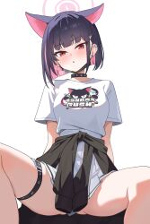 1girl :o absurdres allen_(user_rtdw8823) animal_ears animal_print black_choker black_hair black_jacket black_mask blue_archive blush cat_ears cat_girl cat_print choker clothes_around_waist colored_inner_animal_ears colored_inner_hair ear_piercing extra_ears highres jacket jacket_around_waist kazusa_(band)_(blue_archive) kazusa_(blue_archive) looking_at_viewer mask mouth_mask multicolored_hair open_mouth panties piercing pink_eyes shirt short_sleeves skirt solo spread_legs surgical_mask two-tone_hair underwear white_panties white_shirt white_skirt
