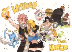 3boys 3girls black_hair blonde_hair blue_hair cana_alberona cat fairy_tail gajeel_redfox gildarts_clive happy_(fairy_tail) hat levy_mcgarden lucy_heartfilia multiple_boys multiple_girls natsu_dragneel nurse nurse_cap pantherlily red_hair rusky