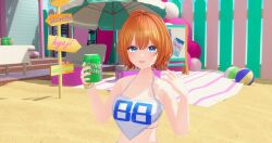 1girl arm_behind_back arm_up arms_up ball bead_bracelet beads blue_eyes blush bracelet can collarbone crop_top fence hair_between_eyes hair_intakes highres holding jewelry ker2348 looking_at_viewer midriff number_print orange_hair parasol sand secretto_(waktaverse) shadow shiny_skin shoes short_hair smile solo tank_top umbrella virtual_youtuber waktaverse