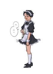 Rule 34 | 1boy, absurdres, aged down, alternate costume, black hair, blush, dress, embarrassed, enmaided, facial mark, forehead mark, frilled dress, frills, highres, holding, maid, maid headdress, male focus, nishida (pixiv 50671594), open mouth, sensui shinobu, short hair, socks, speech bubble, standing, sweatdrop, white socks, yuu yuu hakusho