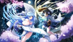 Rule 34 | 2girls, architecture, aura, bare shoulders, black hair, blue hair, bob cut, bow, breasts, cherry blossoms, cleavage, collarbone, colored inner hair, cosplay, crosshair pupils, cryokinesis, dolphin wave, east asian architecture, eines (dolphin wave), fighting, frown, full moon, game cg, gauntlets, green eyes, hair bow, highres, japanese clothes, kimono, large breasts, long hair, low neckline, moon, multicolored hair, multiple girls, nayuki hiori, night, night sky, no panties, non-web source, official art, ootomo takuji, open clothes, open kimono, red eyes, senran kagura, senran kagura new link, sky, striped bow, very long hair, white bow, white kimono, yozakura (senran kagura), yozakura (senran kagura) (cosplay), yumi (senran kagura), yumi (senran kagura) (cosplay)