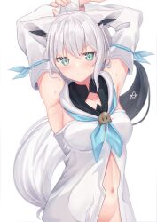Rule 34 | 1girl, absurdres, ahoge, animal ear fluff, animal ears, aqua eyes, aqua neckerchief, armpits, arms behind head, arms up, blush, breasts, closed mouth, collarbone, detached sleeves, fox ears, fox girl, fox tail, groin, hair between eyes, highres, hololive, kuronekootuta, large breasts, long sleeves, navel, neckerchief, pentagram, shirakami fubuki, shirakami fubuki (1st costume), shirt, simple background, solo, stomach, sweat, tail, virtual youtuber, white background, white hair, white shirt