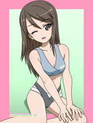 1girl blush breasts brown_eyes brown_hair cleavage collarbone dated girls_und_panzer highres long_hair looking_at_viewer mika_(girls_und_panzer) naotosi one_eye_closed open_mouth signature small_breasts smile solo swimsuit