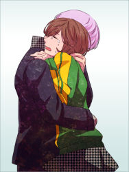 1boy 1girl atlus az0212 bad_id bad_pixiv_id brown_hair couple crying closed_eyes grey_hair hetero hug jacket narukami_yu persona persona_4 satonaka_chie school_uniform short_hair skirt tears