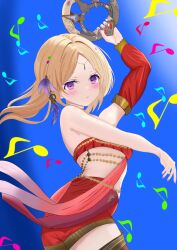 1girl absurdres aki_rosenthal blonde_hair blush dancer_(final_fantasy) final_fantasy final_fantasy_xiv harem_outfit highres hololive looking_at_viewer musical_note official_alternate_costume purple_eyes red_skirt red_tube_top skirt solo strapless sugimaru2022 tube_top virtual_youtuber