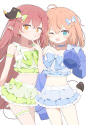 2girls :o absurdres bikini blue_bikini blue_choker blue_eyes blush bow choker collarbone commentary cowboy_shot demon_tail fang frilled_bikini frilled_thigh_strap frills green_bikini green_bow hair_bow hair_ornament hairclip highres long_hair long_sleeves looking_at_viewer multiple_girls navel one_eye_closed open_mouth orange_eyes orange_hair original pointy_ears red_bow red_hair short_hair simple_background skin_fang sleeves_past_fingers sleeves_past_wrists swimsuit symbol-only_commentary tail thigh_strap urotsuki_(ku9625) white_background