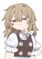 1girl :| blonde_hair blush bow braid buttons closed_mouth collared_shirt hair_between_eyes hair_bow hashtag-only_commentary highres kirisame_marisa looking_at_viewer medium_hair meru_(pixiv113583666) no_headwear puffy_short_sleeves puffy_sleeves shirt short_sleeves simple_background single_braid solo sweatdrop touhou twitter_username upper_body white_background white_bow yellow_eyes