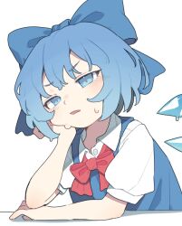 1girl arm_support blue_bow blue_eyes blue_hair bow bowtie cirno cirno_day dress elbow_rest garasuno hair_bow hand_on_own_cheek hand_on_own_face hashtag-only_commentary head_rest highres ice ice_wings open_mouth red_bow shirt short_hair short_sleeves simple_background solo sweat touhou upper_body white_background wings