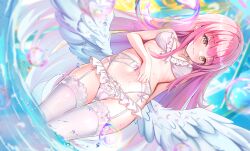 1girl blue_archive bra breasts ccczr commentary_request halo highres large_breasts large_variant_set long_hair low_wings mika_(blue_archive) paid_reward_available panties pink_hair solo thighhighs underwear variant_set wings yellow_eyes
