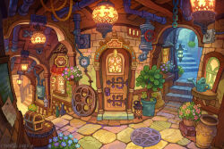 arch artist_name barrel blue_flower bottle brick brick_wall bucket chain chandelier clock cobblestone commentary crate dated door fantasy flower flower_pot gears hanging_light industrial_pipe jar kemi_neko lamp lantern no_humans original pavement plant potted_plant purple_flower railing scenery shop sign stained_glass stairs stone_floor watering_can window