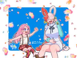 2girls ^_^ absurdres anti-eyebrow_piercing arm_up black_ribbon blue_background blue_gloves clenched_hand closed_eyes commentary_request dress elbow_gloves face_piercing falling_flower gloves hair_over_one_eye headphones heart_blody highres jewelry_bonney multicolored_hair multiple_girls neck_ribbon one_piece one_piece_film:_red piercing pink_eyes red_hair ribbon shirt shorts single_elbow_glove sitting suspenders twitter_username two-tone_hair uta_(one_piece) white_dress white_hair white_shirt