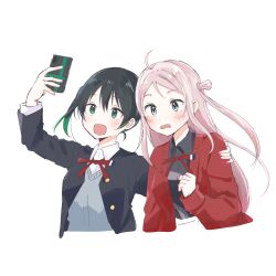 2girls ahoge black_hair blue_eyes blush cellphone collared_shirt commentary_request cropped_torso embarrassed gradient_hair green_eyes green_hair hair_between_eyes hand_on_another&#039;s_shoulder holding holding_phone jacket long_hair love_live! love_live!_nijigasaki_high_school_idol_club multicolored_hair multiple_girls neck_ribbon nijigasaki_school_uniform open_mouth phone pink_hair red_jacket ribbon school_uniform selfie shirt sidelocks simple_background smartphone takasaki_yu twintails two_side_up watanabe_nako white_background zhong_lanzhu