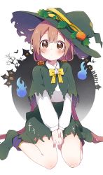 1girl absurdres alternate_hairstyle animal bandaid bandaid_on_knee bandaid_on_leg bare_tree bat_(animal) blue_fire blush bow brown_eyes building capelet closed_mouth collared_shirt commentary_request cross cross_print fire food-themed_hair_ornament full_body grave graveyard green_capelet green_hat green_shoes green_skirt hair_ornament halloween halloween_costume hat highres hitodama jack-o&#039;-lantern layered_sleeves light_brown_hair long_hair long_sleeves looking_at_viewer mesushio oomuro-ke oomuro_hanako own_hands_together pumpkin pumpkin_hair_ornament shirt shoes short_over_long_sleeves short_sleeves simple_background sitting skirt solo tombstone torn_capelet torn_clothes torn_hat torn_skirt tree twintails v_arms very_long_hair wariza white_background white_shirt witch witch_hat yellow_bow yuru_yuri