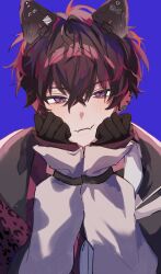 1boy amazu_0518 animal_ears arms_up black_gloves blue_background blush cat_ears crossed_bangs earrings fake_animal_ears fangs gloves hair_between_eyes hands_on_own_face highres jewelry long_sleeves looking_at_viewer male_focus multiple_earrings nijisanji piercing purple_eyes purple_hair saiki_ittetsu saiki_ittetsu_(1st_costume) simple_background skin_fangs solo upper_body virtual_youtuber