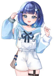 1girl arm_cutout arm_up black_choker blue_eyes blue_hair blue_hoodie blunt_bangs choker commentary_request cowboy_shot drawstring hair_intakes hair_ornament highres holding holding_own_hair hood hood_down hoodie long_sleeves looking_at_viewer nekoiki_choshu open_mouth overalls short_hair simple_background smile solo thigh_strap tsumugi_kokage virtual_youtuber vspo! white_background white_overalls