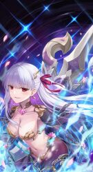 1girl absurdres armlet armor bikini_armor blue_fire blue_hair blue_skin blush breasts cleavage collar colored_inner_hair colored_skin earrings fate/grand_order fate_(series) fire flower gradient_skin hair_ribbon highres jewelry kama_(fate) kama_(third_ascension)_(fate) large_breasts long_hair looking_at_viewer lotus luzi metal_collar multicolored_hair navel open_mouth red_eyes ribbon smile solo thighlet thighs two-tone_hair vajra_(object) white_hair