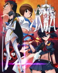Rule 34 | black eyes, black hair, bleedman, blonde hair, blue eyes, blue hair, bob cut, boots, brown eyes, brown hair, closed eyes, dress, earrings, frown, full body, gamagoori ira, green hair, hat, highres, inumuta houka, jacket, jakuzure nonon, jewelry, junketsu, kill la kill, kinagase tsumugu, kiryuuin satsuki, knee boots, long hair, long sleeves, looking at viewer, mankanshoku mako, matoi ryuuko, midriff, mikisugi aikurou, navel, orange background, pants, pink hair, red background, sanageyama uzu, school uniform, senketsu, serafuku, short hair, short sleeves, smile, straight hair, sword, thigh boots, thighhighs, very long hair, weapon, white dress, white jacket, white pants
