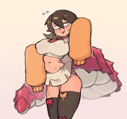 1girl blush breasts brown_hair character_request cream_background highres karu_184 large_breasts navel original pointy_ears skirt sleeves_past_wrists smile tail thighhighs tongue tongue_out